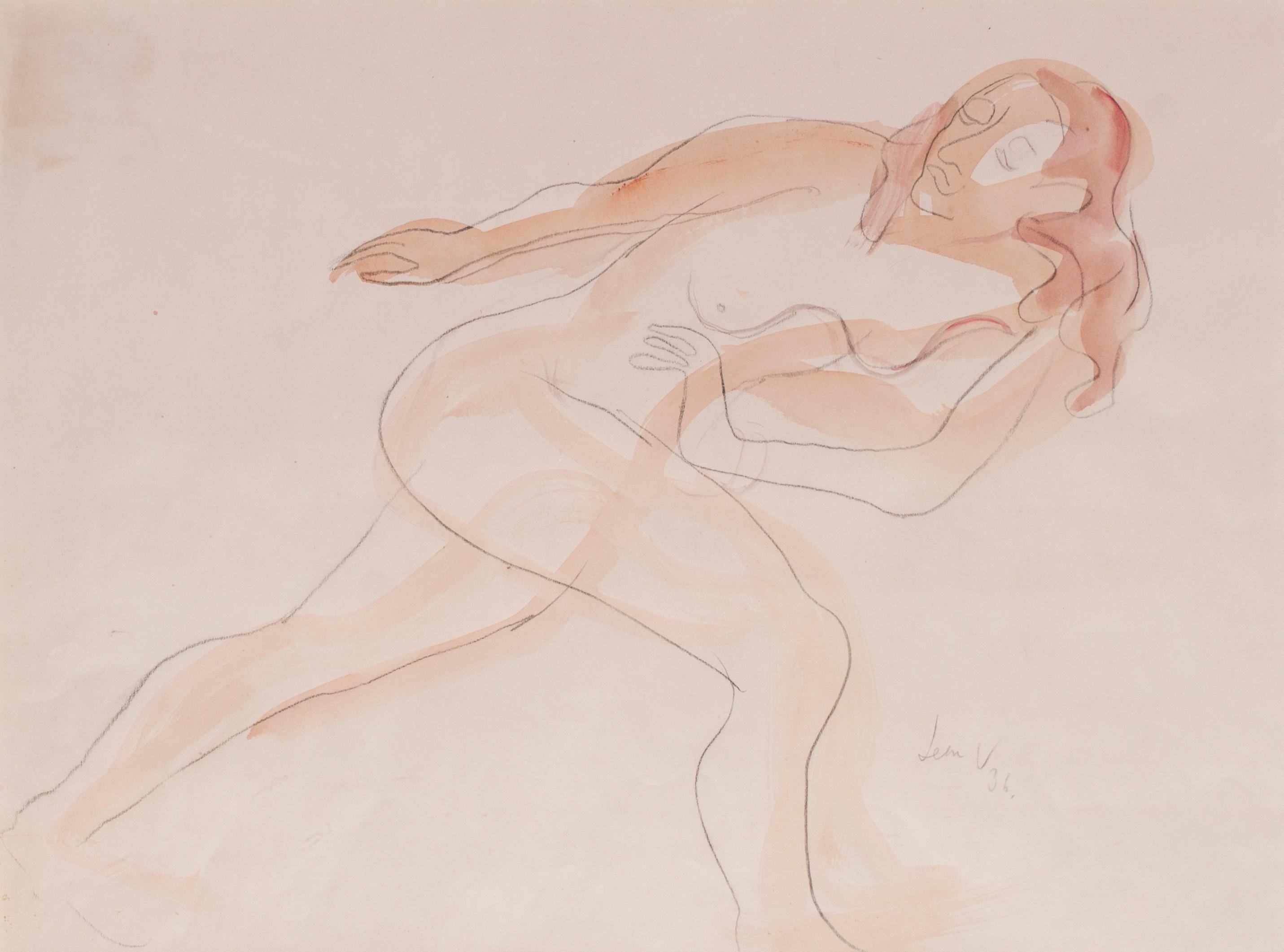 Leon Underwood
Stretching nude
Signed and dated ‘Leon U / 36’
Pencil heightened with watercolour on buff paper
13.1/4 x 18.1/2 in. (33.8 x 47.2 cm.)

Underwood was known as the precursor of modern sculpture in Britain according to Neve Rothenstein