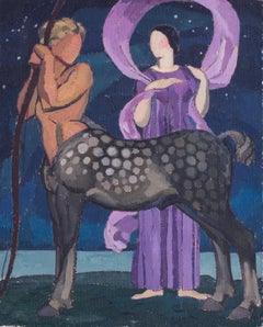 Small, French, Art Deco 20th Century oil painting of Sagittarius by Billotey