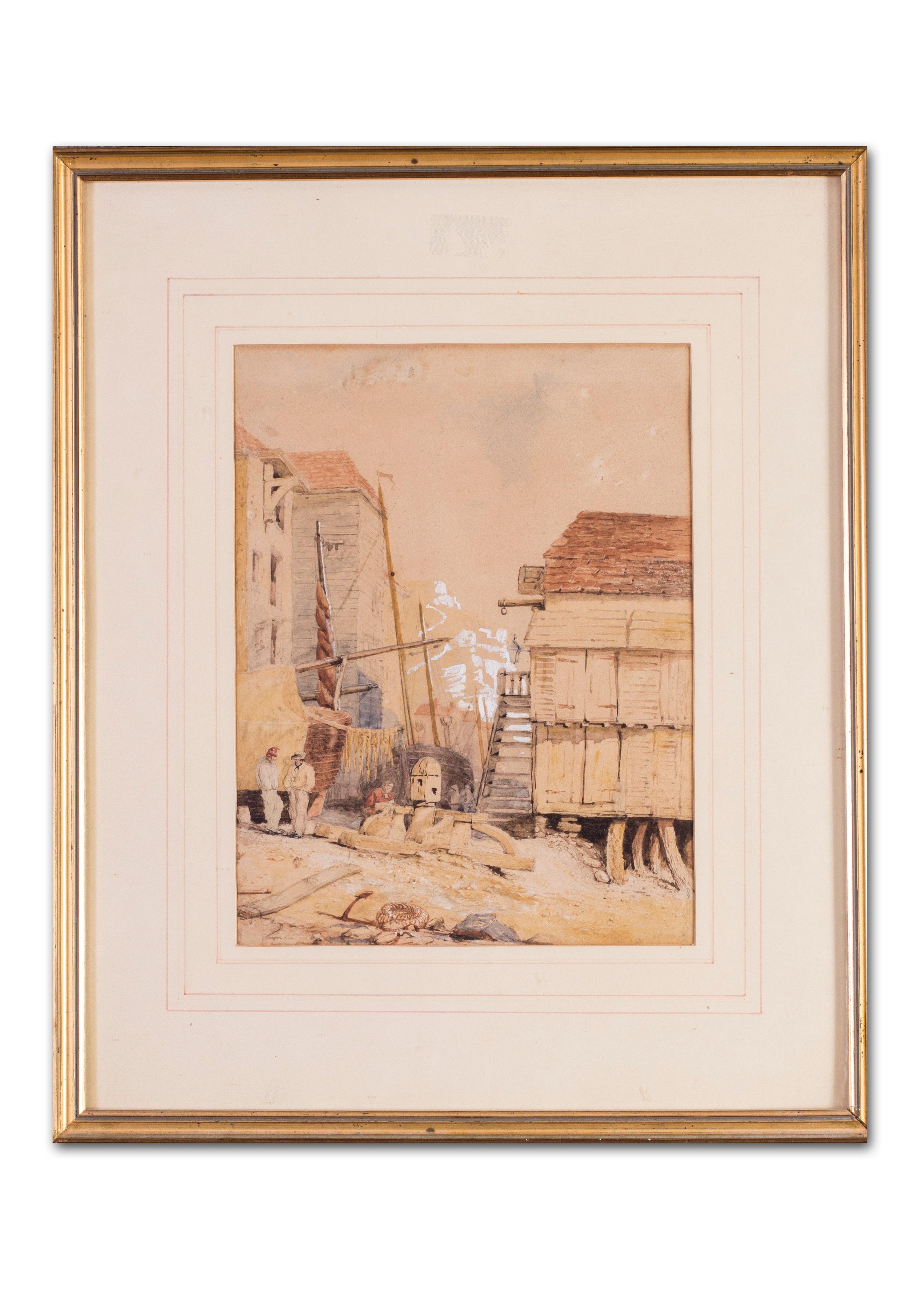 English school, 19th century
Fisherfolk by the net huts, Hastings
Pencil, pen and watercolour on paper
11.1/2 x 9 in. (29.3 x 22.5 cm.)
