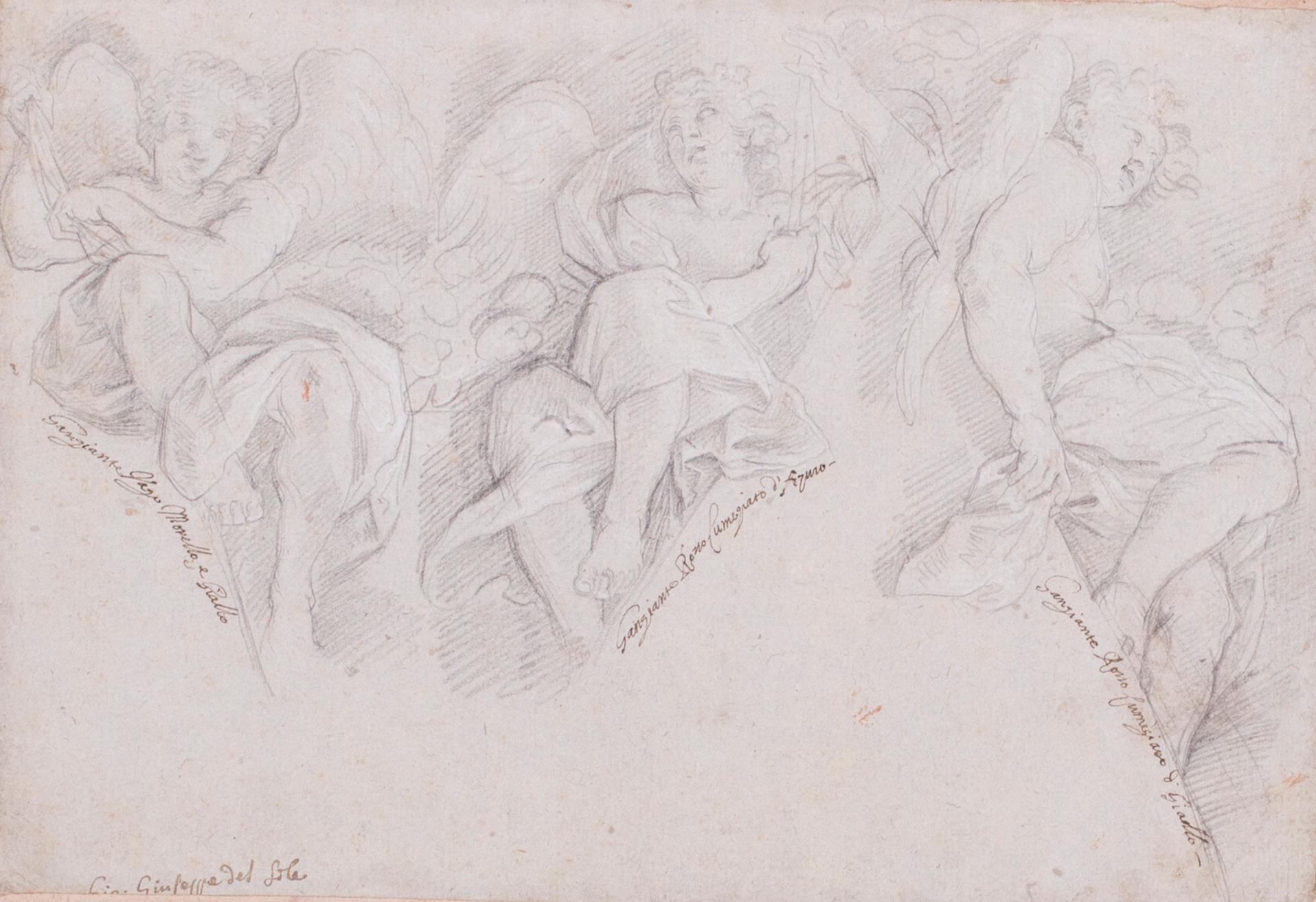 17th Century Italian Old Master drawing of three angels, a study for larger work - Art by Giovanni Giuseppe Del Sole