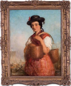 Antique British, 19th Century oil painting of a lady carrying water by Charles Baxter