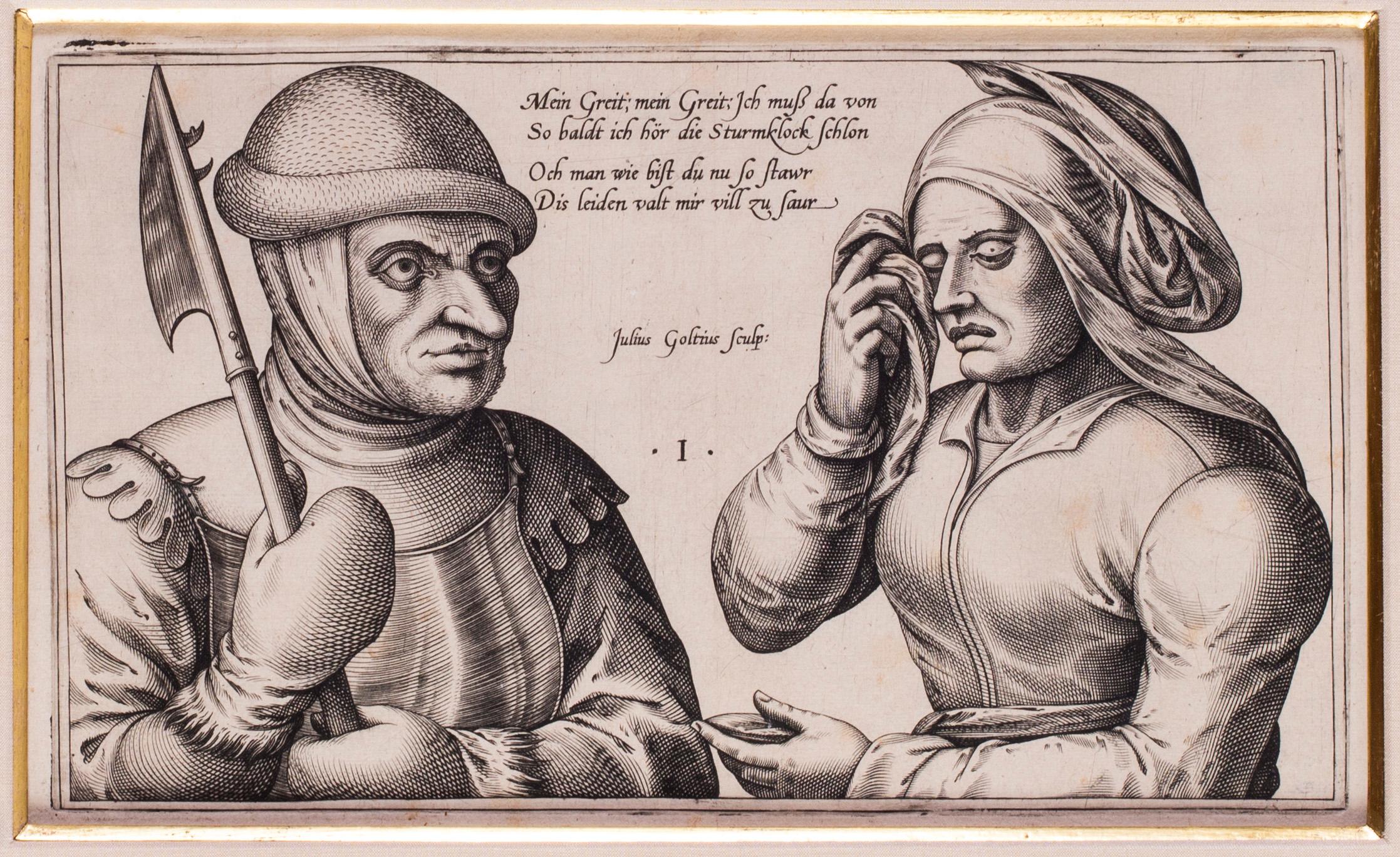 Julius Goltzius (Néerlandais c.1550-1595)
Mein Greit ; Mein Greit
Gravure
6.5/8 x 11.3/8 in. (16,8 x 29 cm.) (mesuré au bord de l'enveloppe)
Christie's a suggéré que cette impression date du début du 17ème siècle.  
