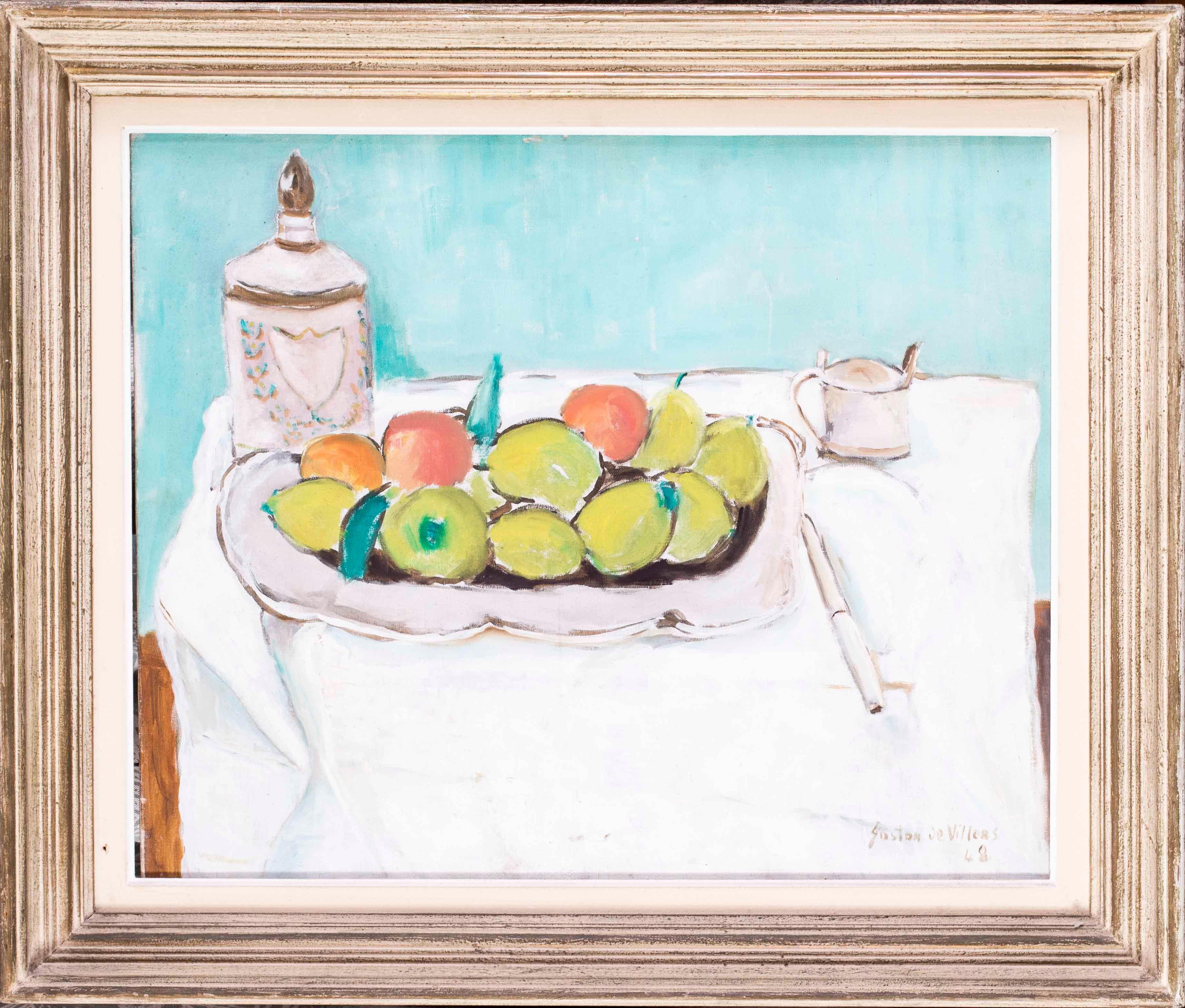 Gaston Bernheim De Villers Still-Life Painting - Mid 20th Century French still life oil painting of apples and pears