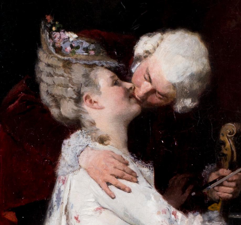 German, 19th Century oil painting of 'A stolen kiss' by Herterich - Painting by Johann Caspar Herterich 