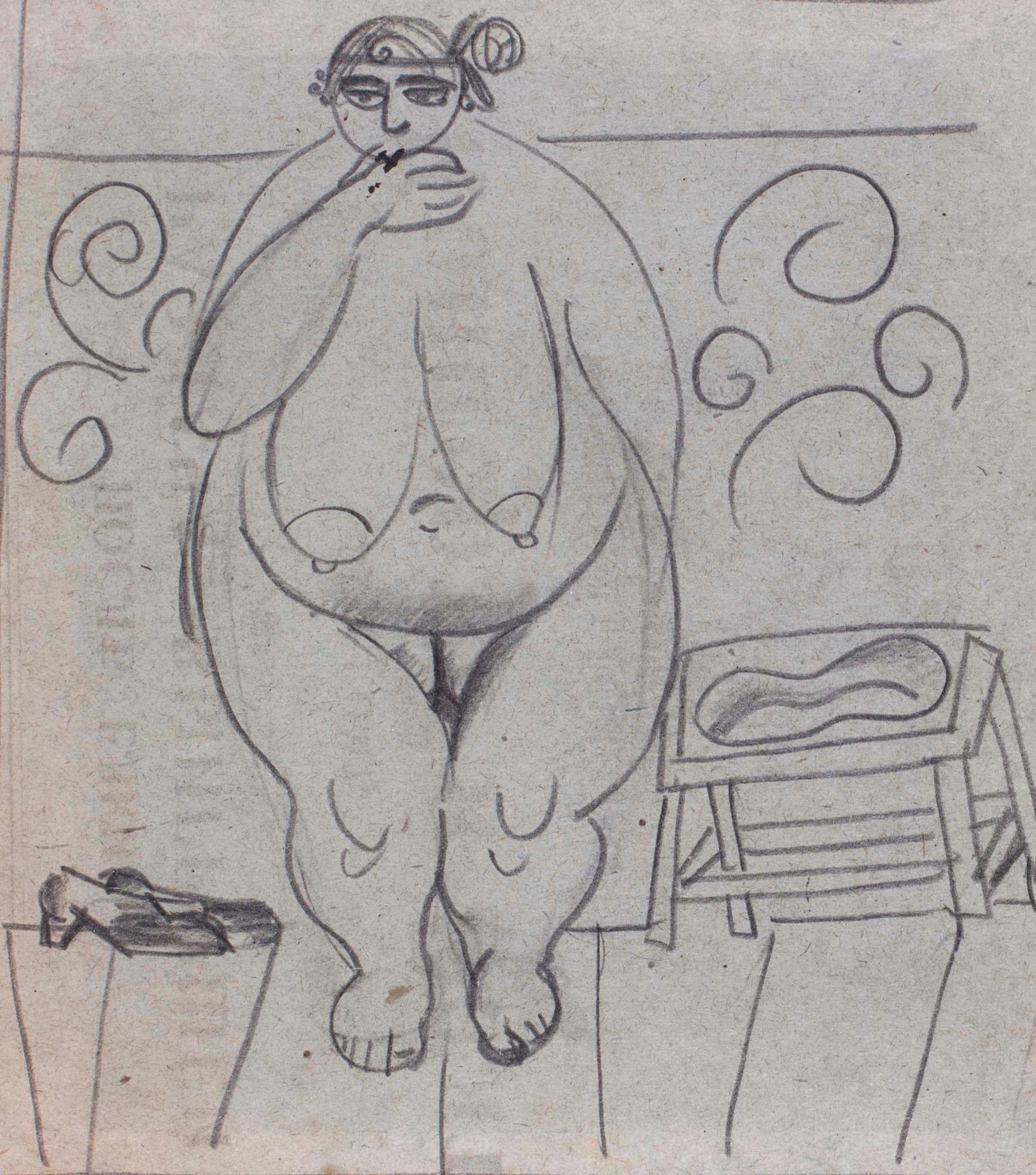 Russische Zeichnungen von üppigen Frauen aus dem frühen 20. Jahrhundert (Grau), Nude, von Vladimir Pavlovich Nechoumoff