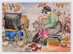 Russisches Art-Déco-Aquarell einer Nanny in einem Park, 20. Jahrhundert