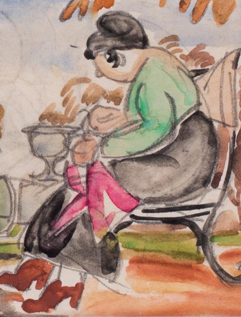 Vladimir Pavlovitch Nechoumoff (russe, vers 1900 - 1977)
Une nounou se reposant sur un banc
crayon et aquarelle sur papier
3 x 4,1/4 in. (7,7 x 11 cm.)

Peintre figuratif, illustrateur Vladimir Pavlovich Nechoumoff a étudié à l'école des beaux-arts