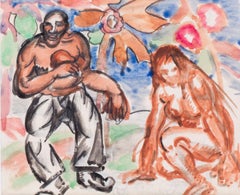 Aquarelle russe Art déco du début du XXe siècle représentant une famille et un bébé