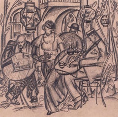 Russische, Art-Déco-Zeichnung einer Cafe Society aus dem frühen 20. Jahrhundert in Istanbul, Türkei