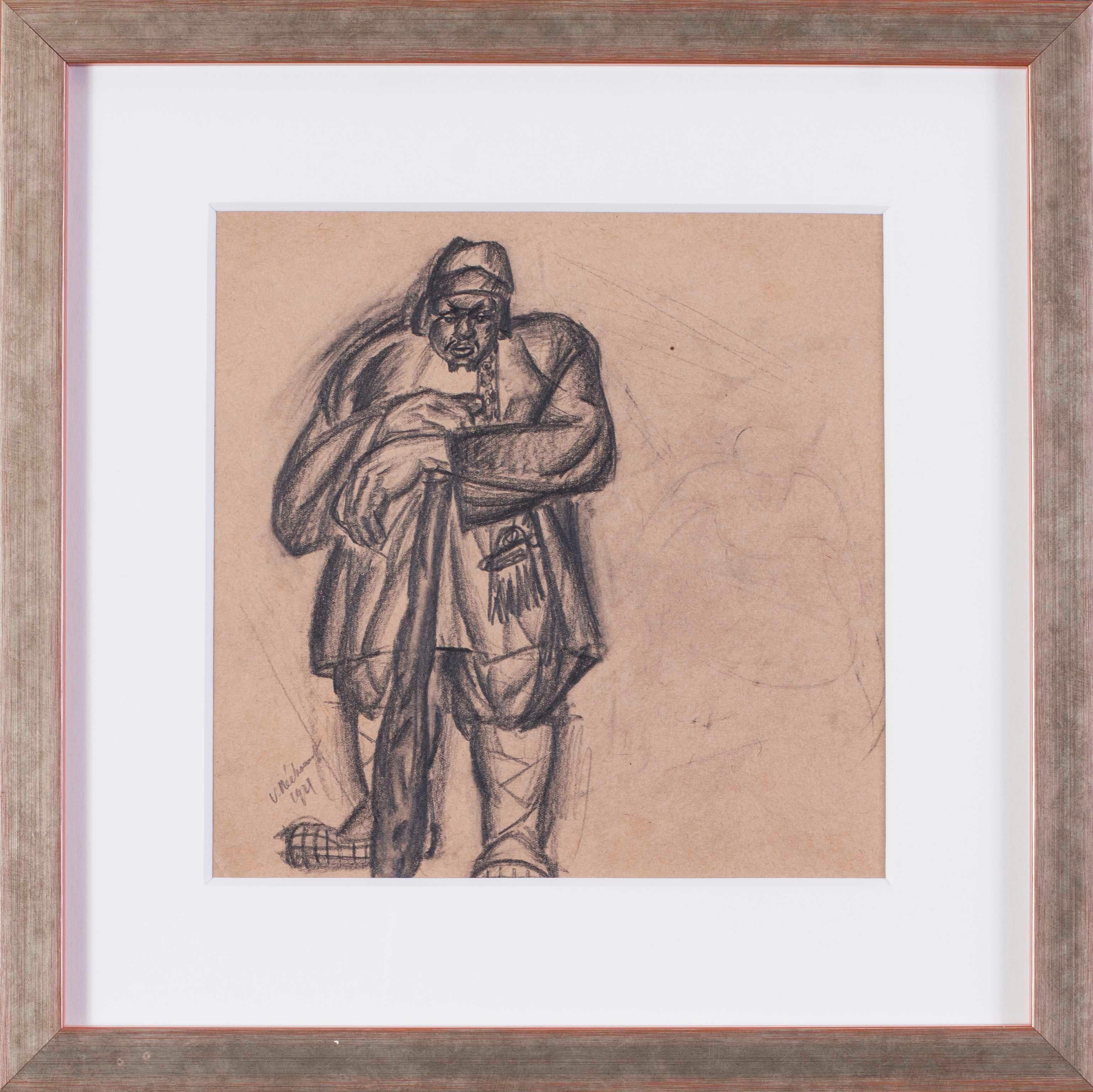 Vladimir Pavlovich Nechoumoff Figurative Art - Russian, 20th Century Art deco drawing of a Turkish warrior