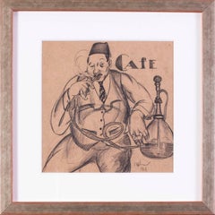Russian, Art Deco drawing of a gentleman with a hookah