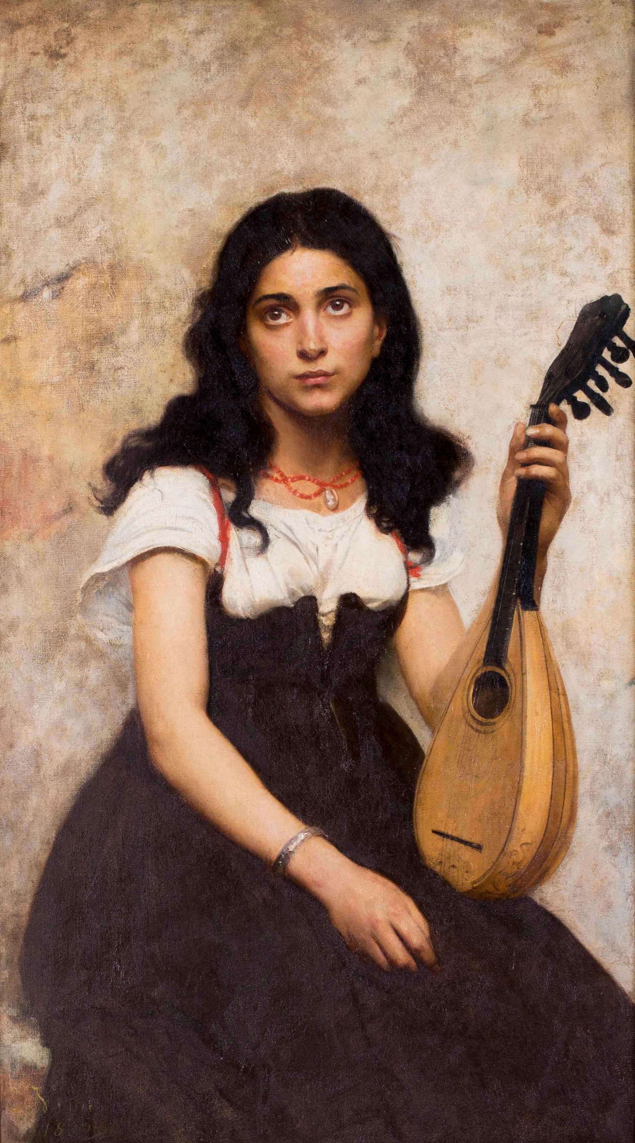 19th Century French oil painting of a young musician - Painting by Edouard Vimont