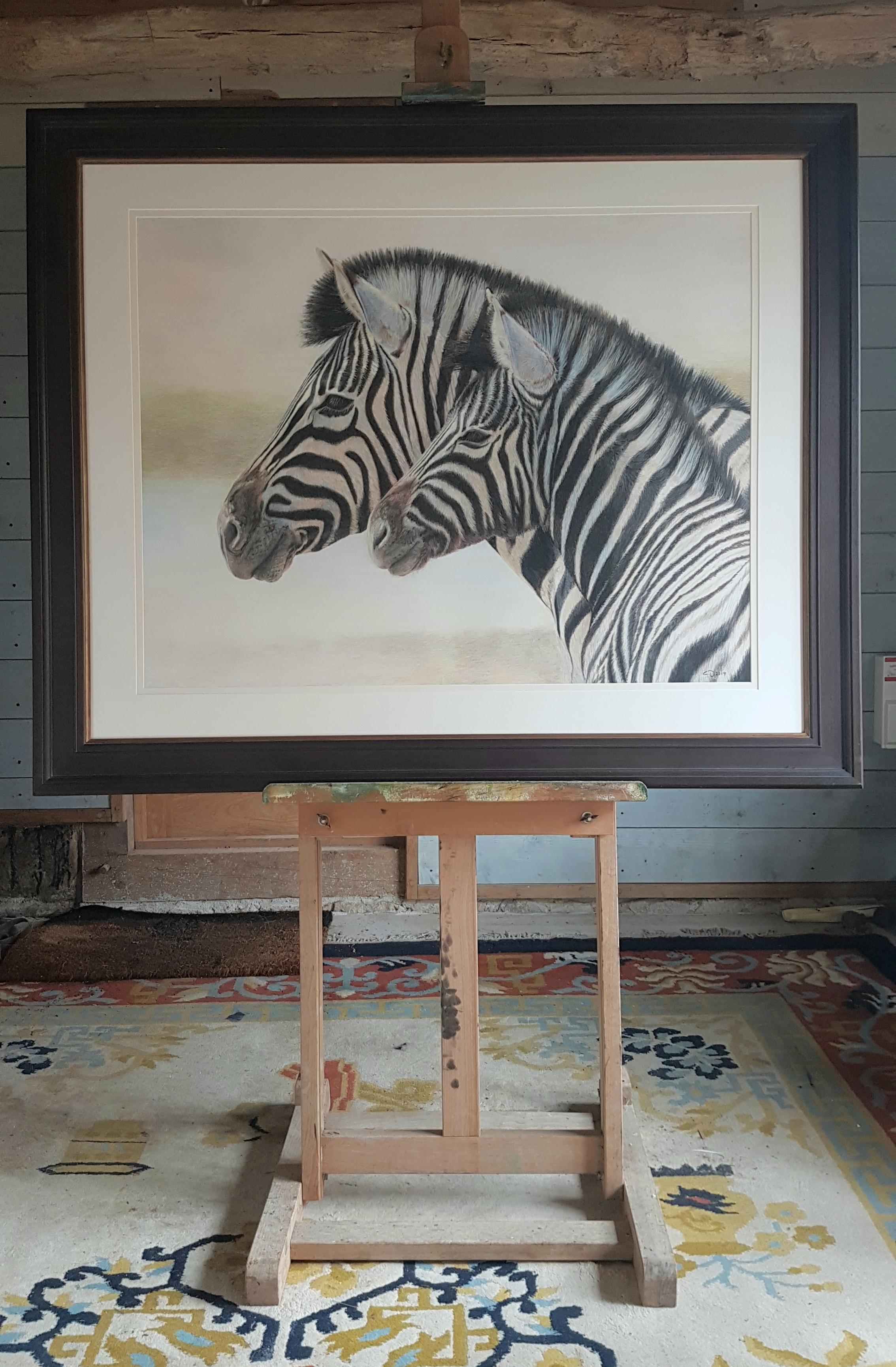 An original, contemporary wildlife drawing of zebra in coloured pencil on paper  - Naturalistic Art by Charlotte Williams