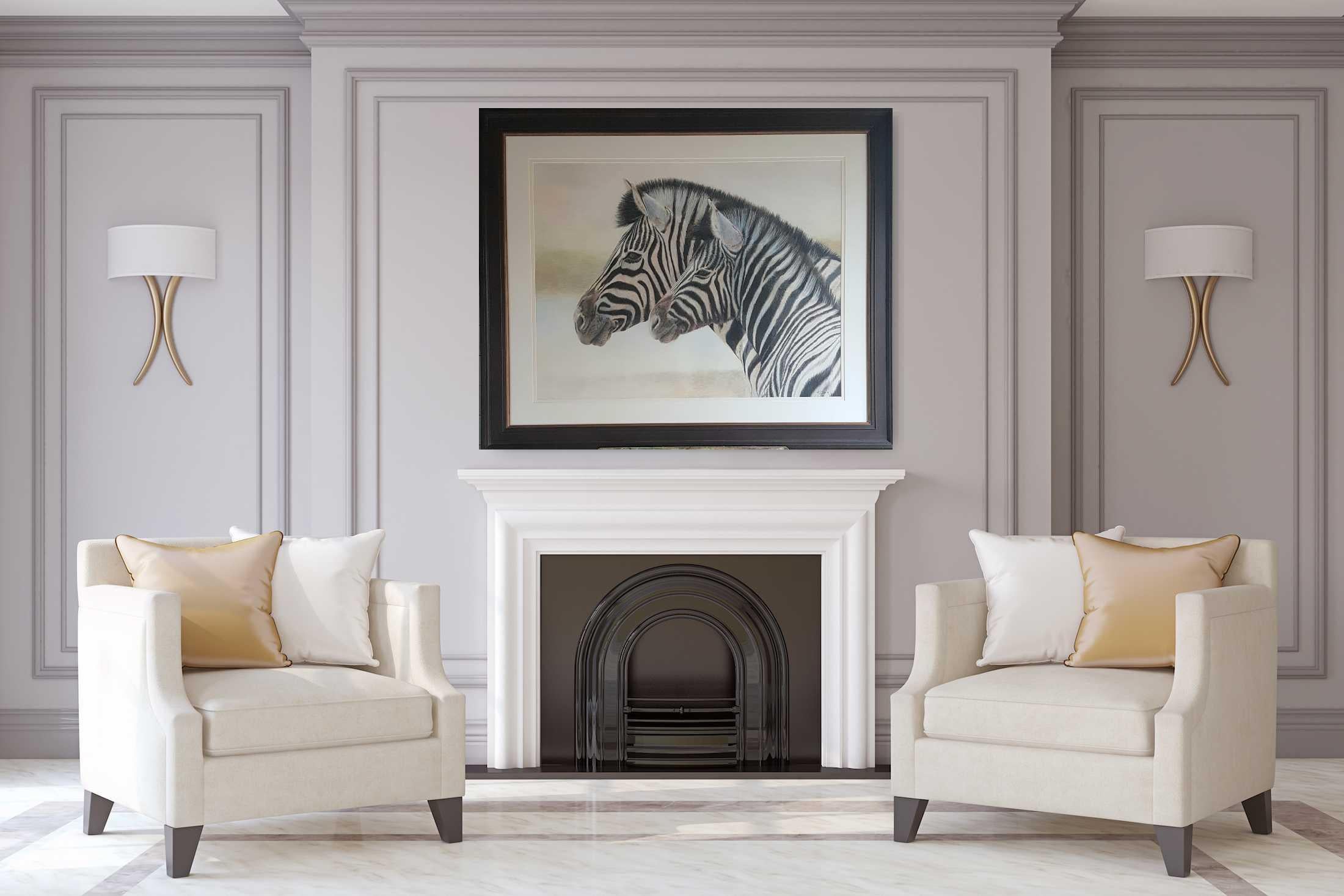 An original, contemporary wildlife drawing of zebra in coloured pencil on paper  - Gray Animal Art by Charlotte Williams