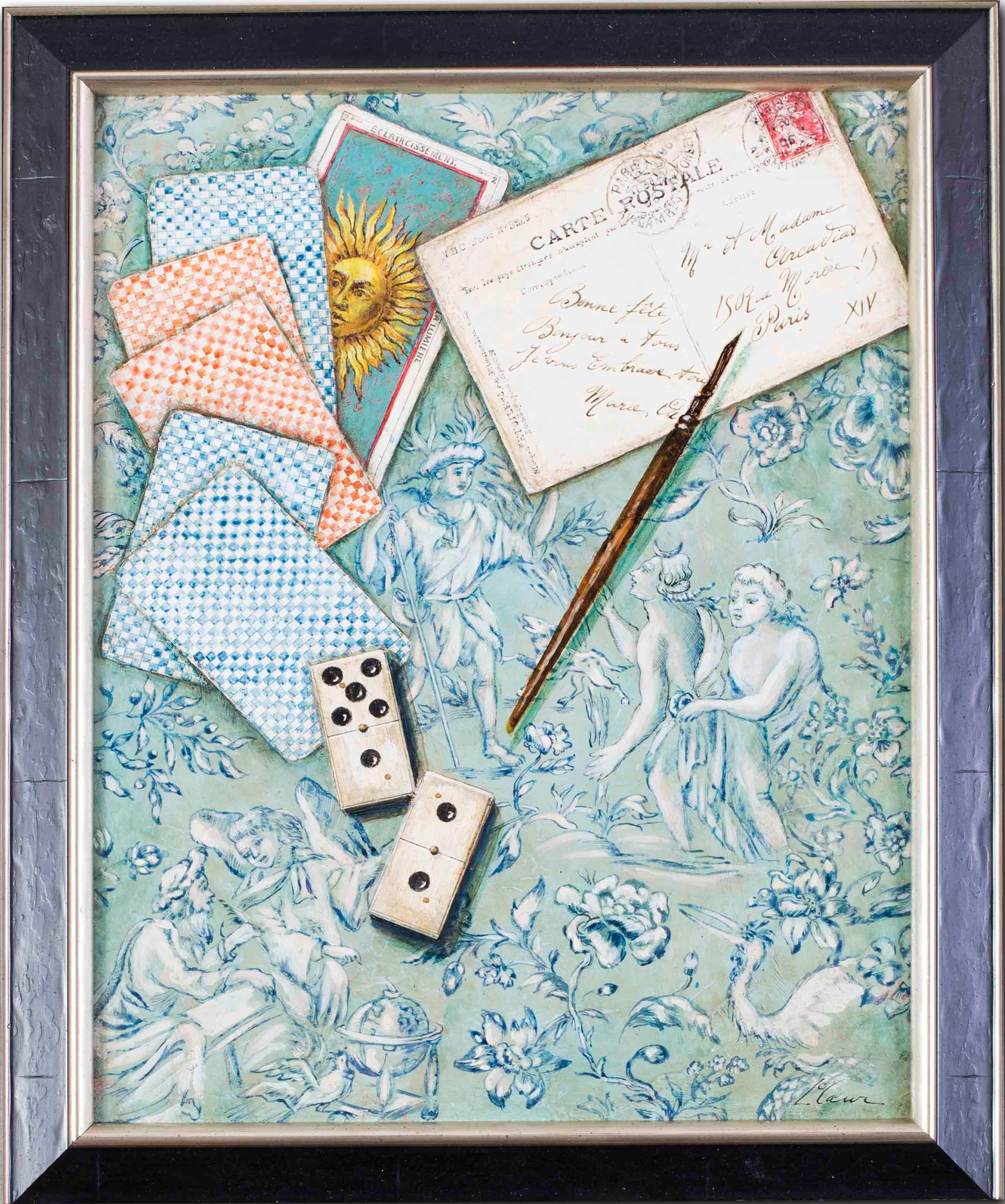Lise de Coeur Still-Life Painting - Trompe L'oeil, French 20th Century oil painting of dominoes