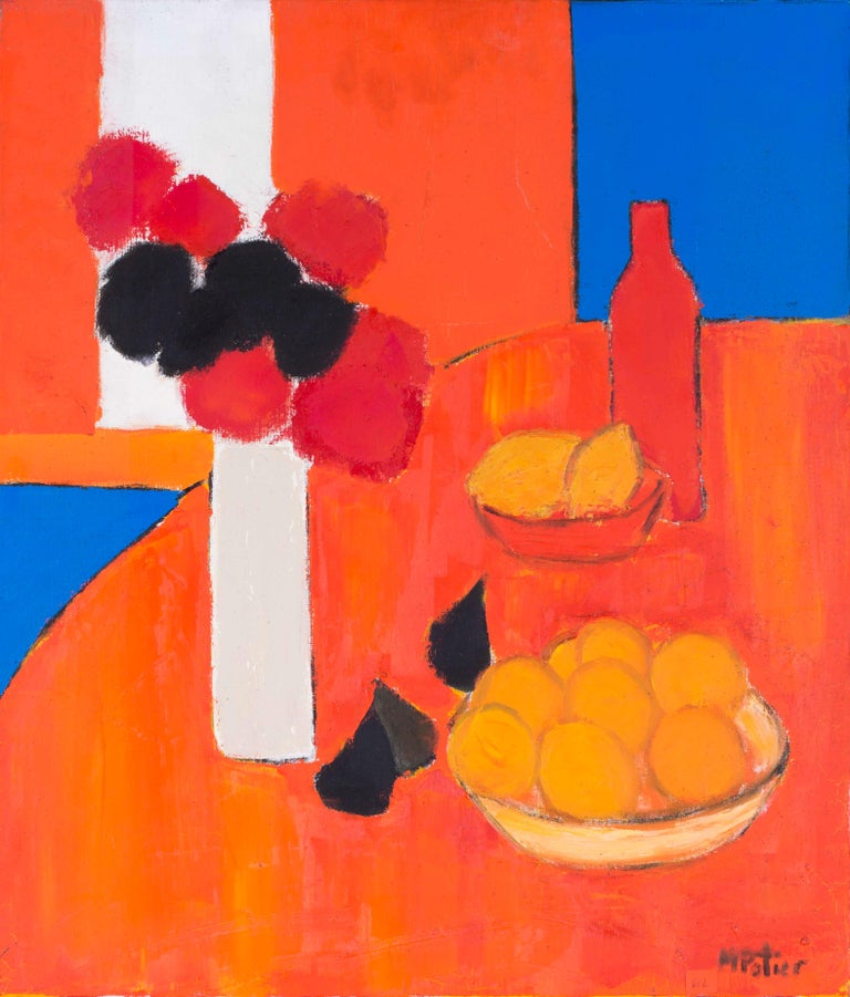 Abstract 20th Century French still life with figs, lemons and a vase of flowers - Painting by Maurice Potier