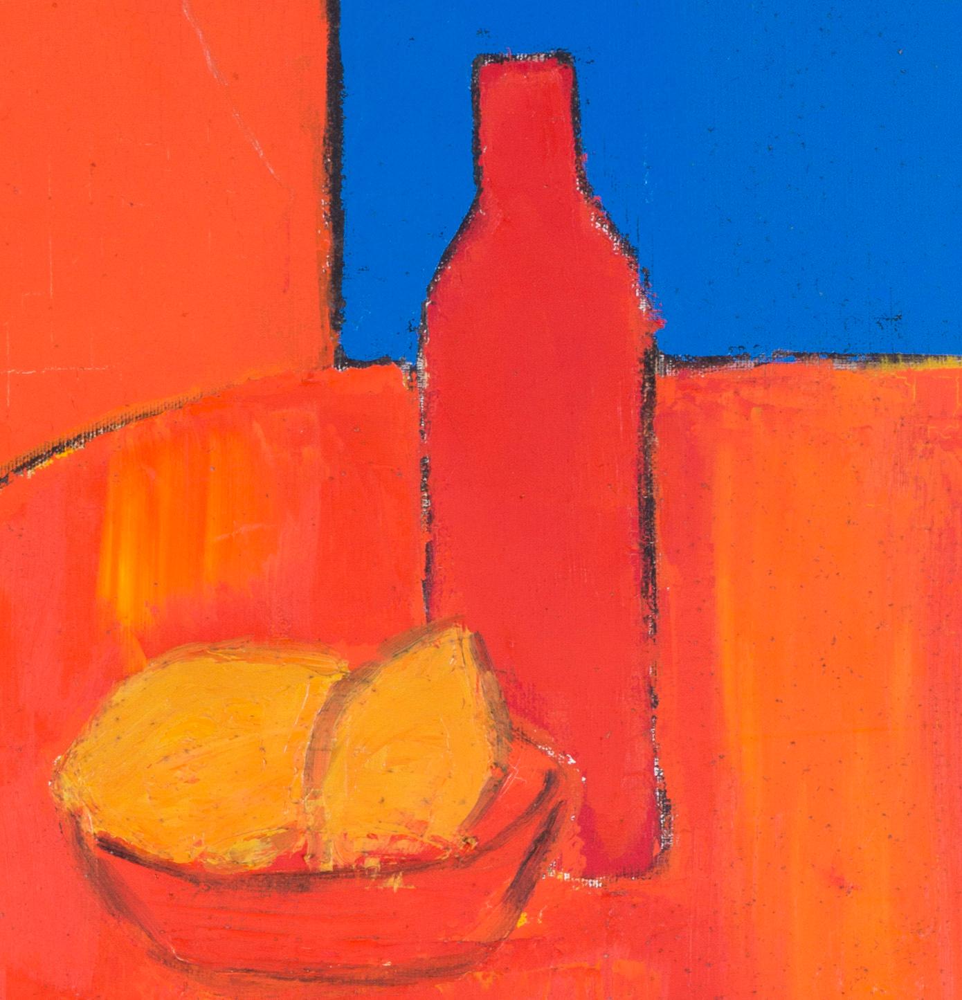 Abstract 20th Century French still life with figs, lemons and a vase of flowers - Orange Abstract Painting by Maurice Potier