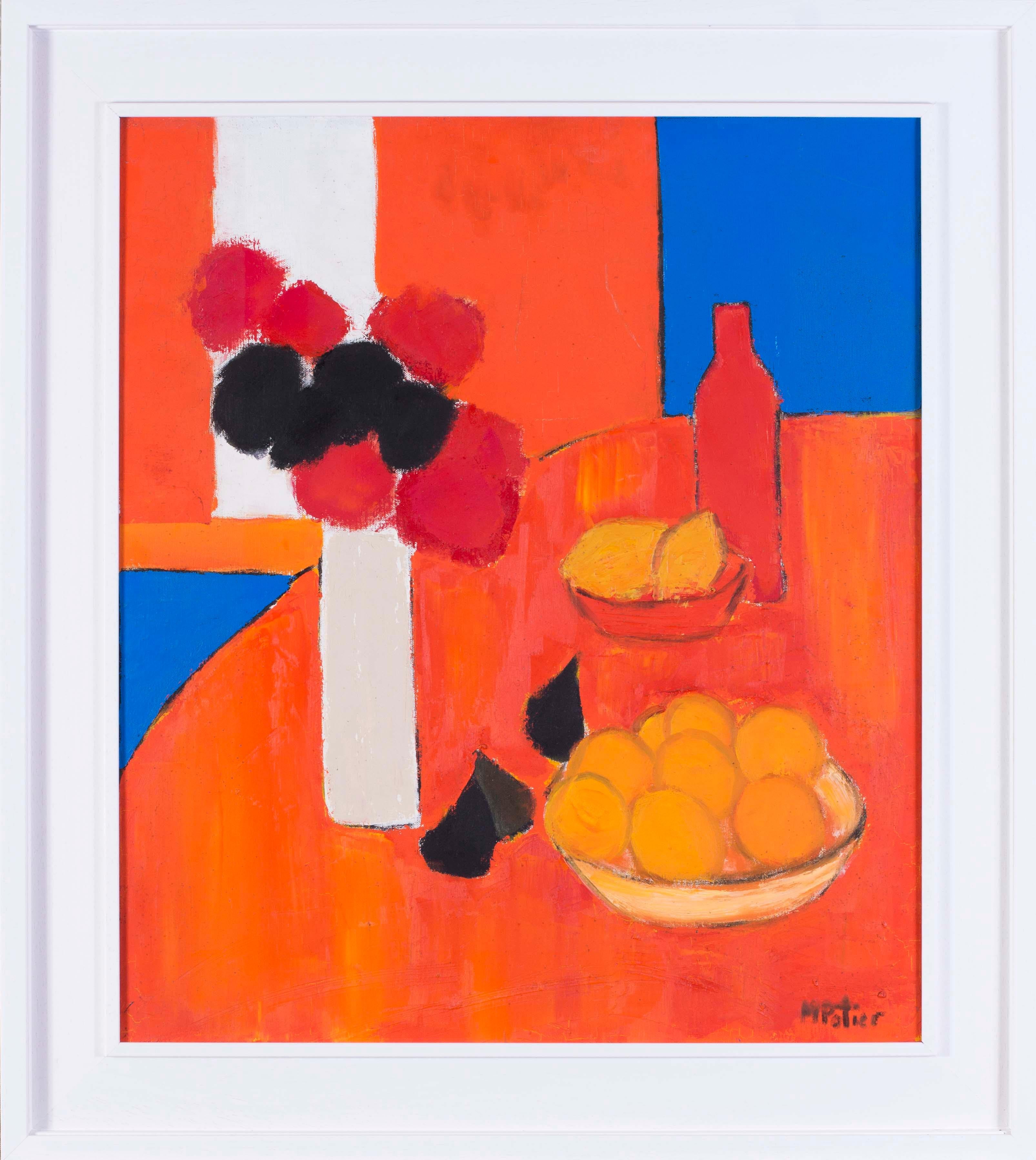 Abstract 20th Century French still life with figs, lemons and a vase of flowers