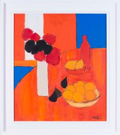 Abstract 20th Century French still life with figs, lemons and a vase of flowers