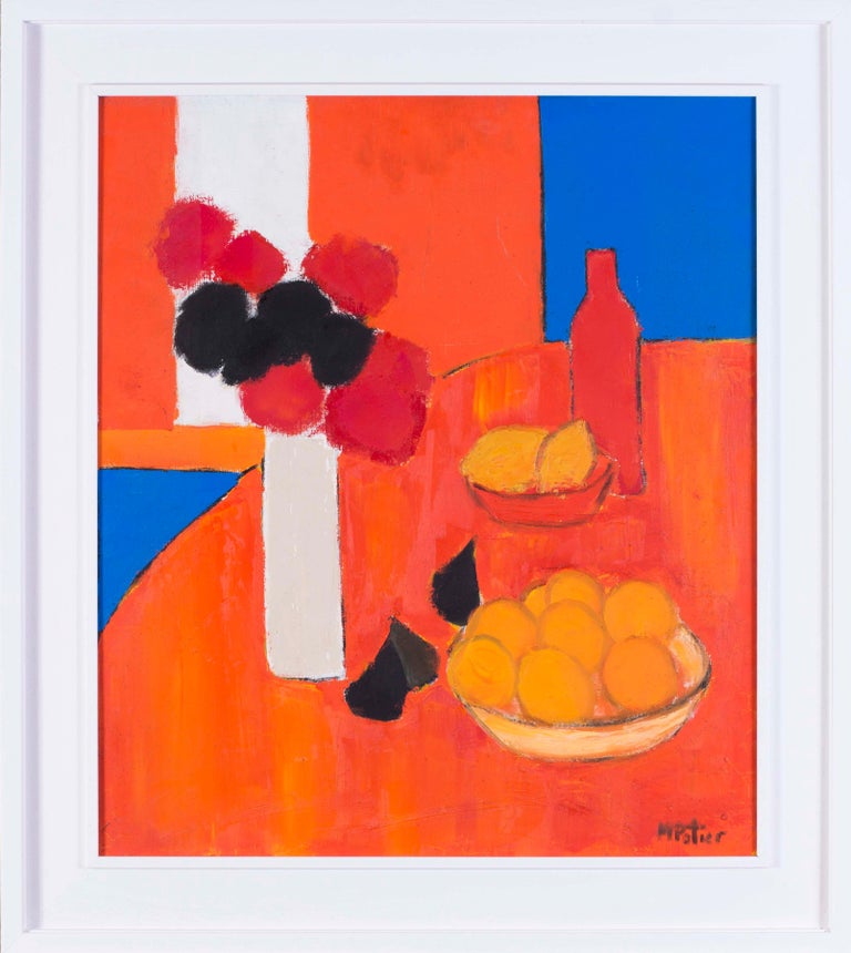 Maurice Potier Abstract Painting - Abstract 20th Century French still life with figs, lemons and a vase of flowers