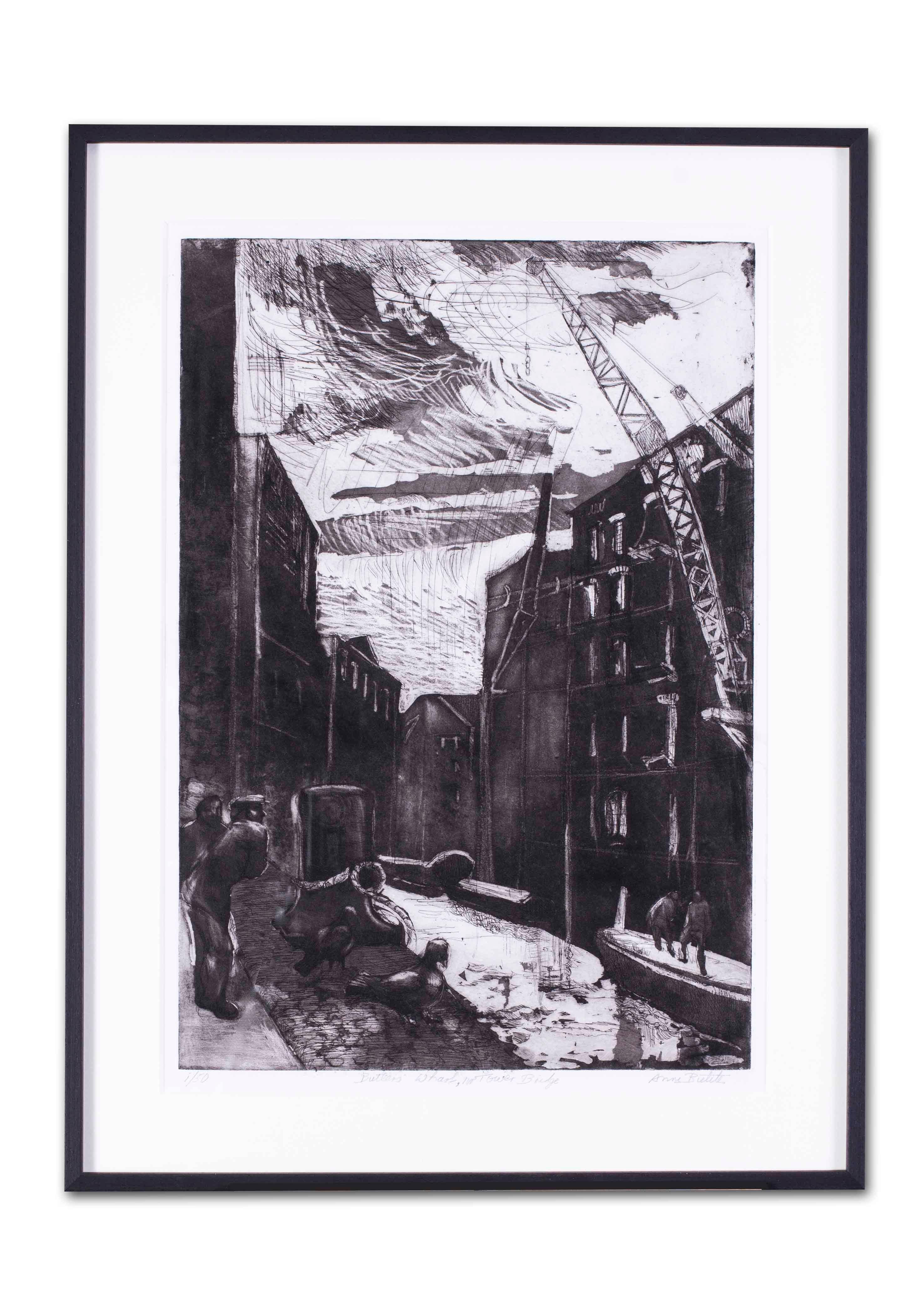 Anne Bulitis (British, 20th Century)
Butler’s Wharf, near Towerbridge, London
Etching with Aquatint
Signed ‘Anne Bulitis’ (lower right), inscribed with title and numbered ‘1/50’ (lower left)
Plate measures 19 x 13.1/4 in. (48.5 x 33.5 cm.)
