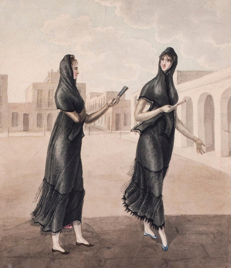 Spanish early 19th Century watercolour of women at the market - Art by Unknown