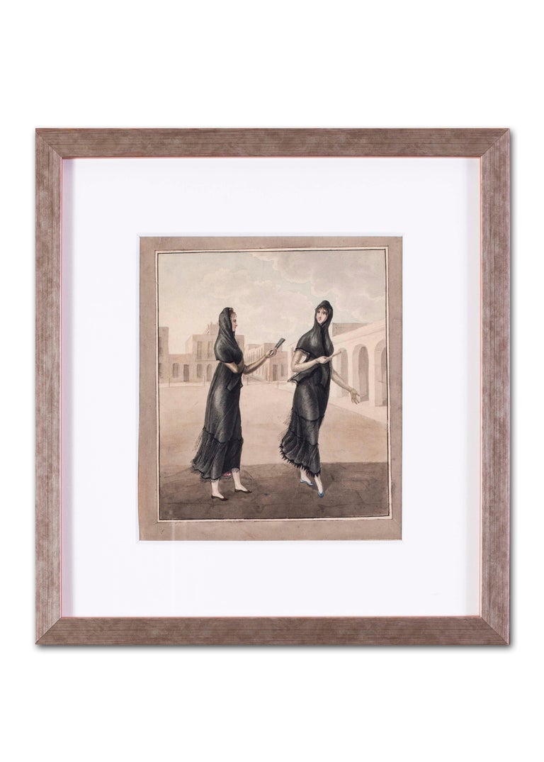 Spanish early 19th Century watercolour of women at the market For Sale 2