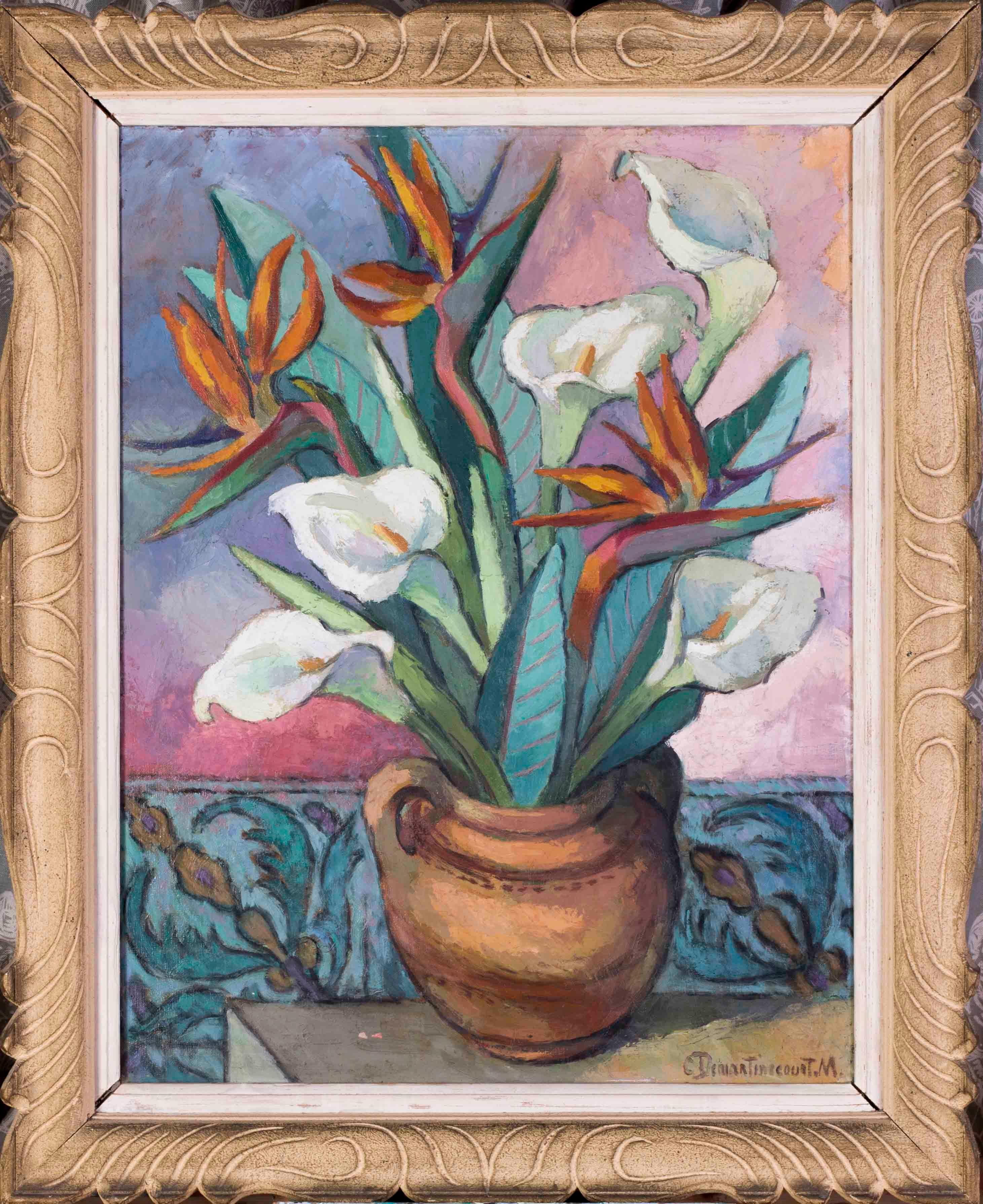 Claire Demartinecourt-Modret  Still-Life Painting - French, 20th Century oil painting of vase of lillies and birds in paradise
