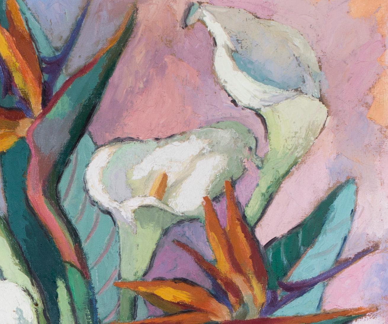French, 20th Century oil painting of vase of lillies and birds in paradise - Brown Still-Life Painting by Claire Demartinecourt-Modret 