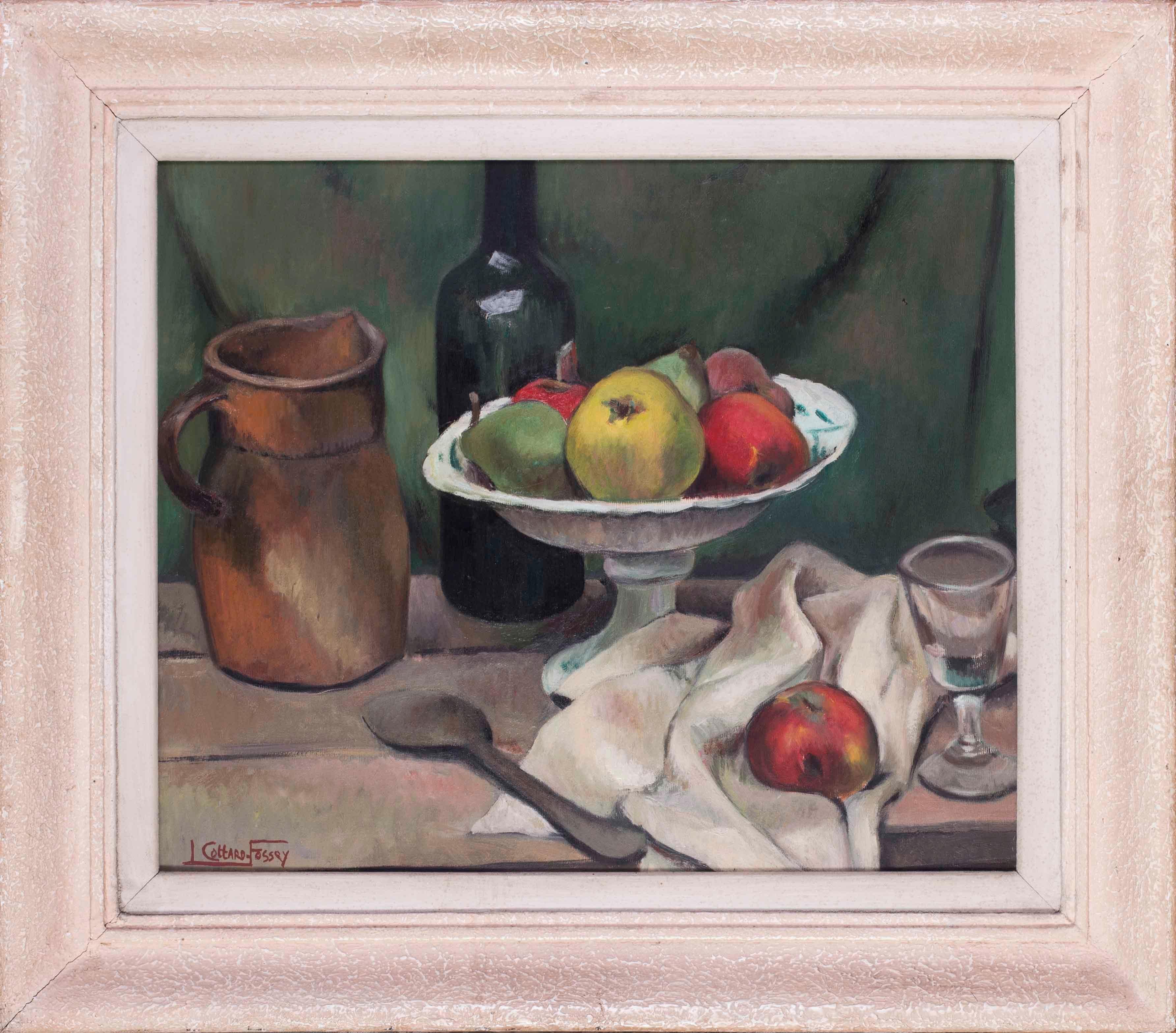 Louise-Jeanne Cottard-Fossey  Still-Life Painting - French Post Impressionist oil painting of a still life with apples and wine