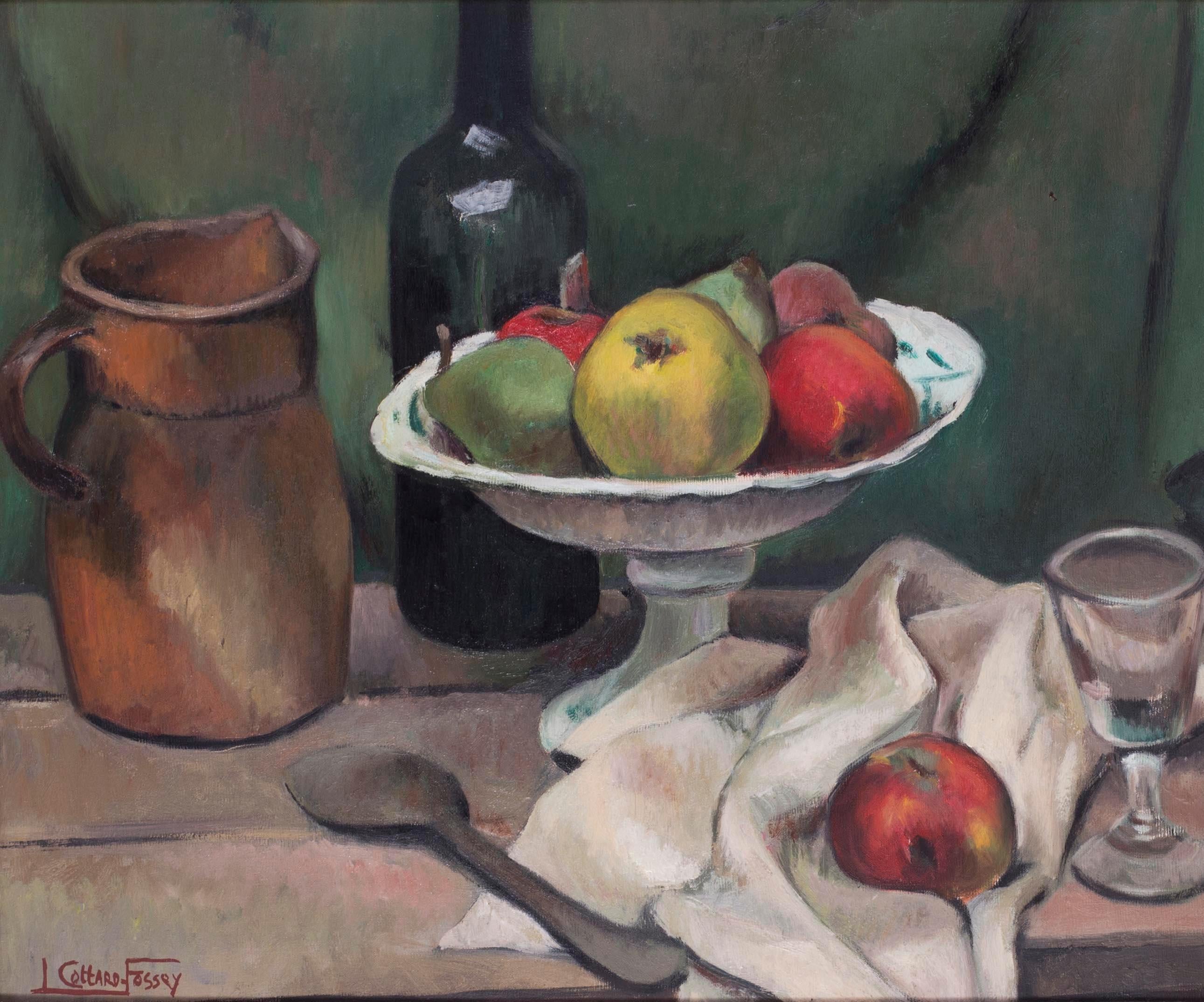 French Post Impressionist oil painting of a still life with apples and wine  - Post-Impressionist Painting by Louise-Jeanne Cottard-Fossey 