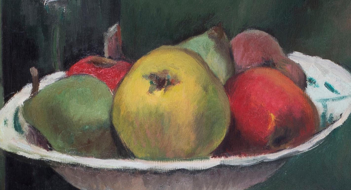 French Post Impressionist oil painting of a still life with apples and wine  - Painting by Louise-Jeanne Cottard-Fossey 