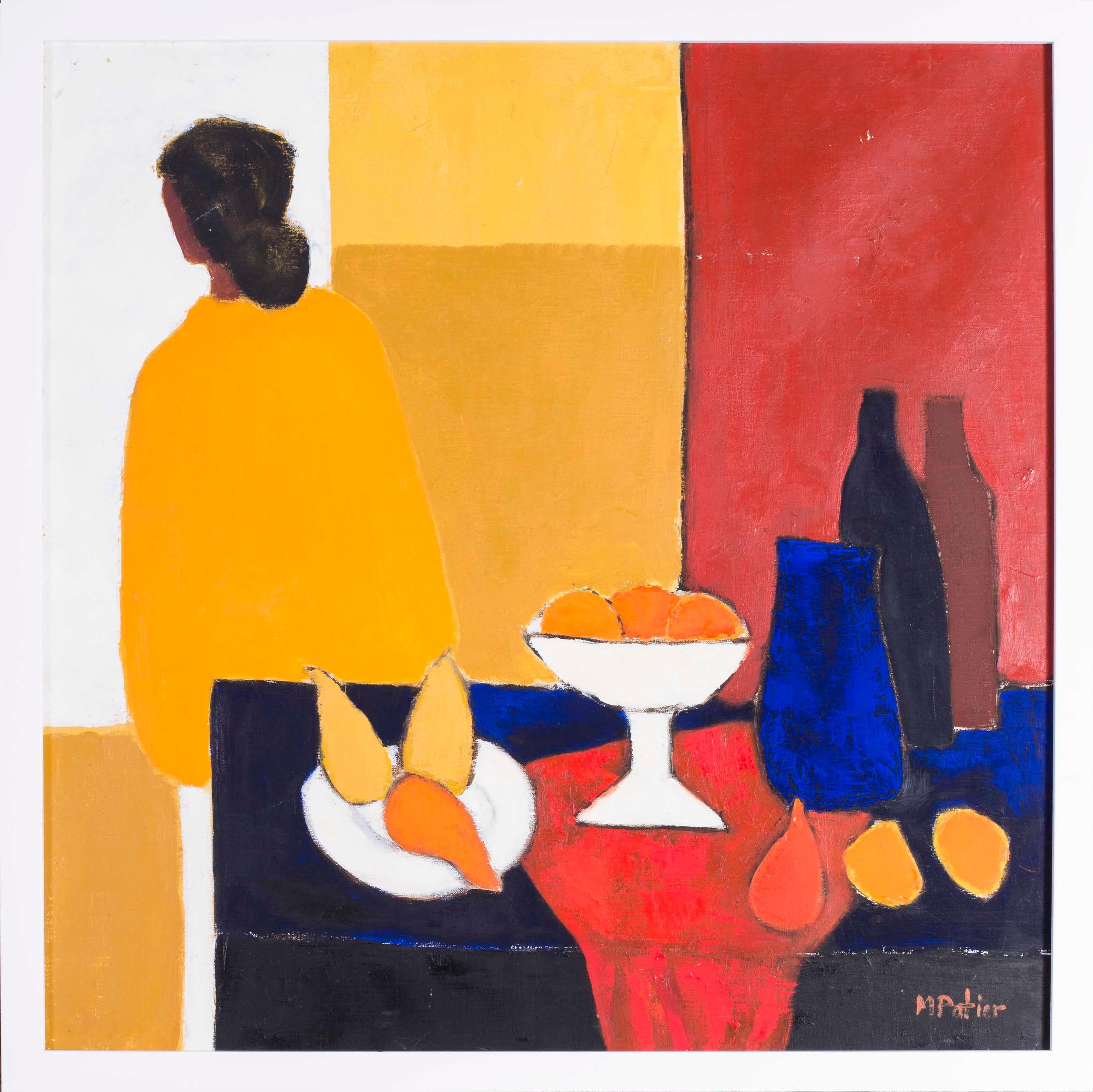 French 20th Century Abstract painting of a still life before a lady