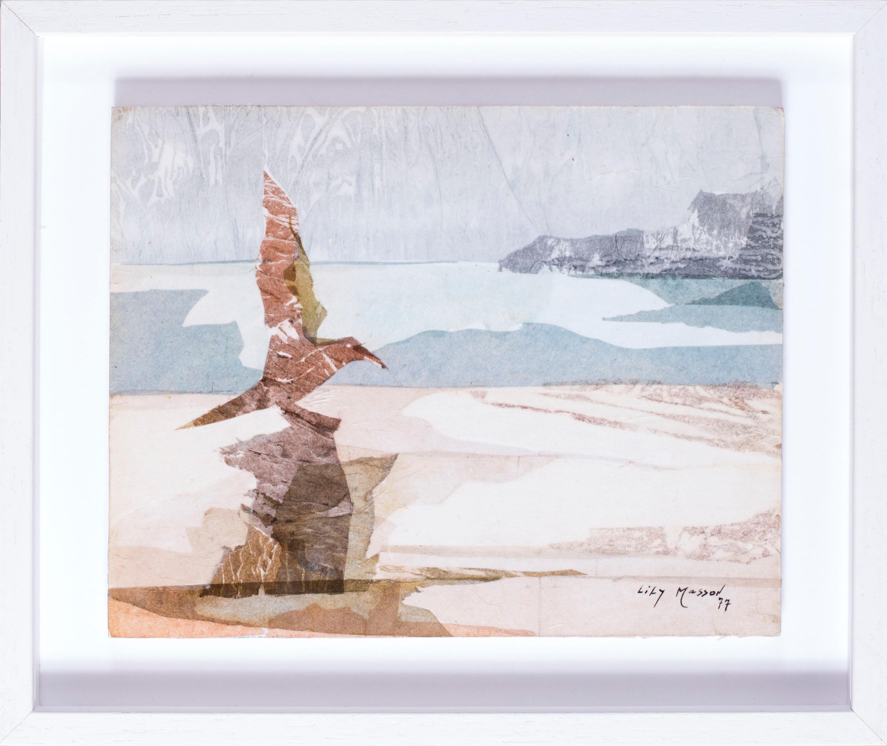 French 20th Century collage artwork of a bird on a rock on the shore by Masson - Mixed Media Art by Lily Masson