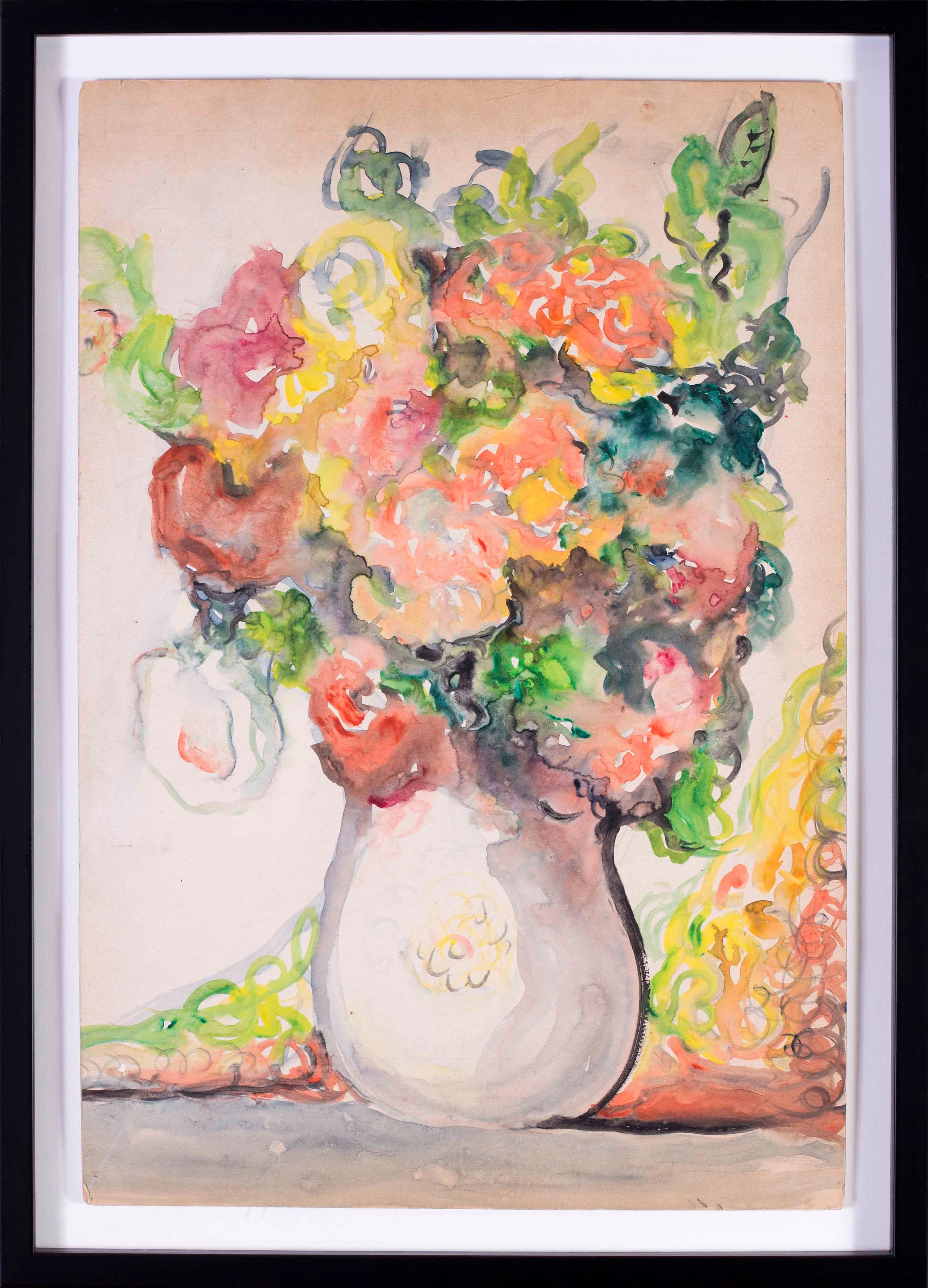 British Mid 20th Century watercolour on board still life painting of flowers