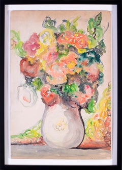 Aquarelle sur toile britannique du milieu du 20e siècle - Nature morte de fleurs