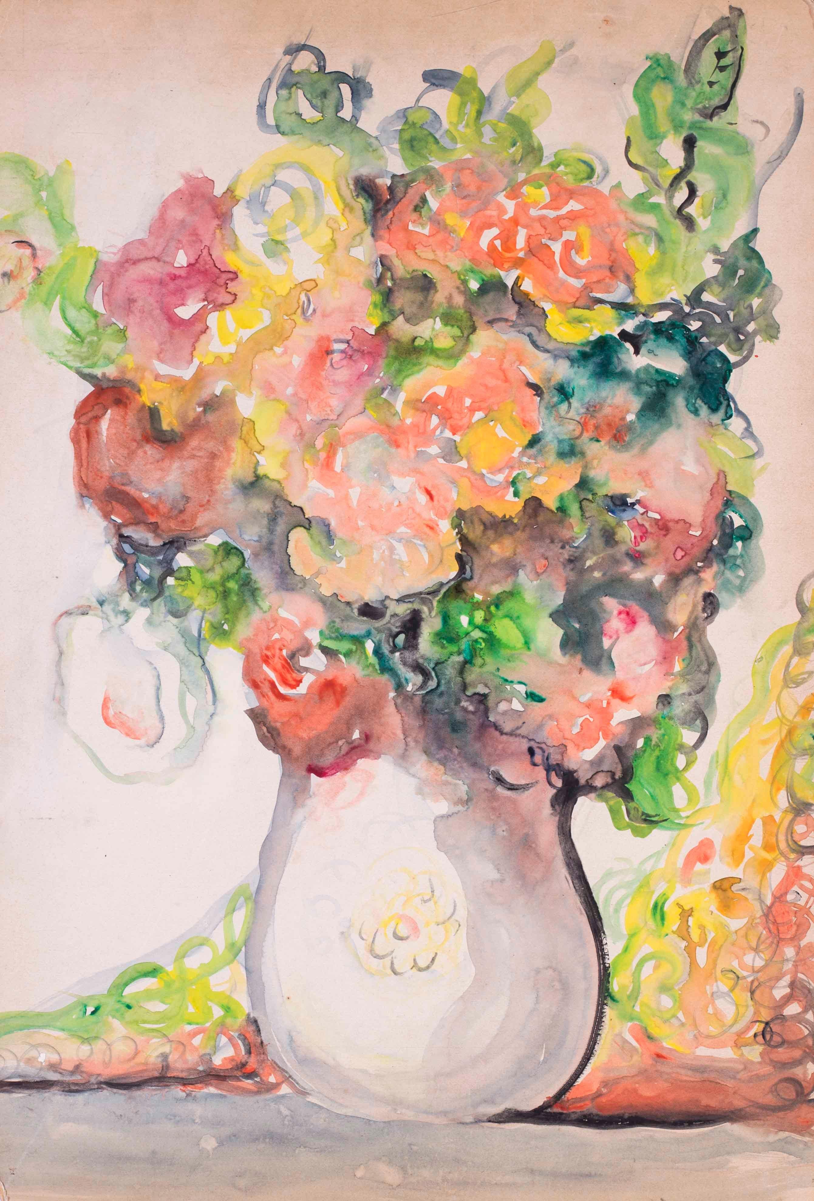 Acquerello britannico della metà del XX secolo su tavola, natura morta di fiori - Art di Derrick Latimer Sayer