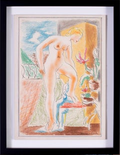 British Mid 20th Century ink and pastel on paper drawing of a bather, nude