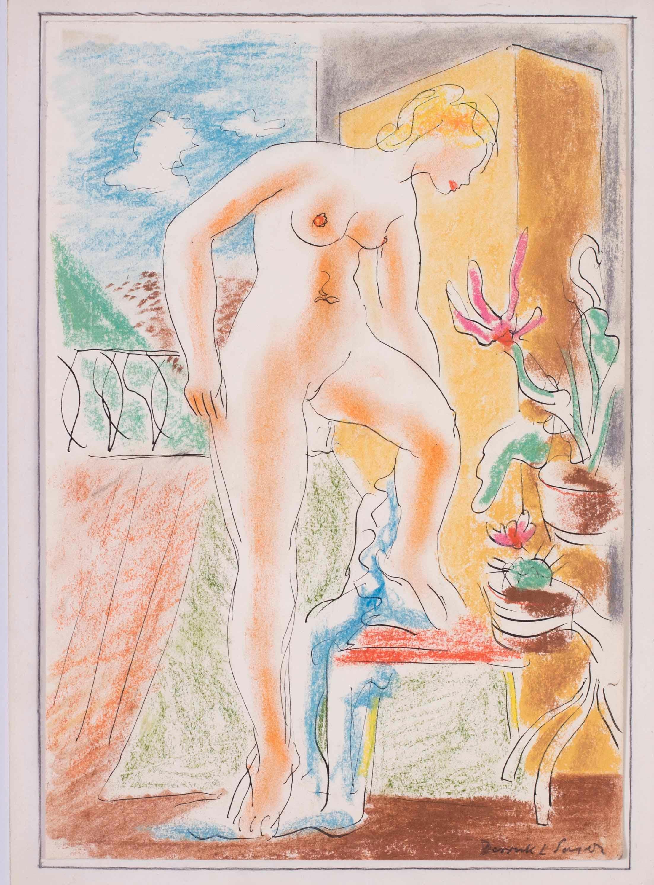 British Mid 20th Century ink and pastel on paper drawing of a bather, nude - Art by Derrick Latimer Sayer