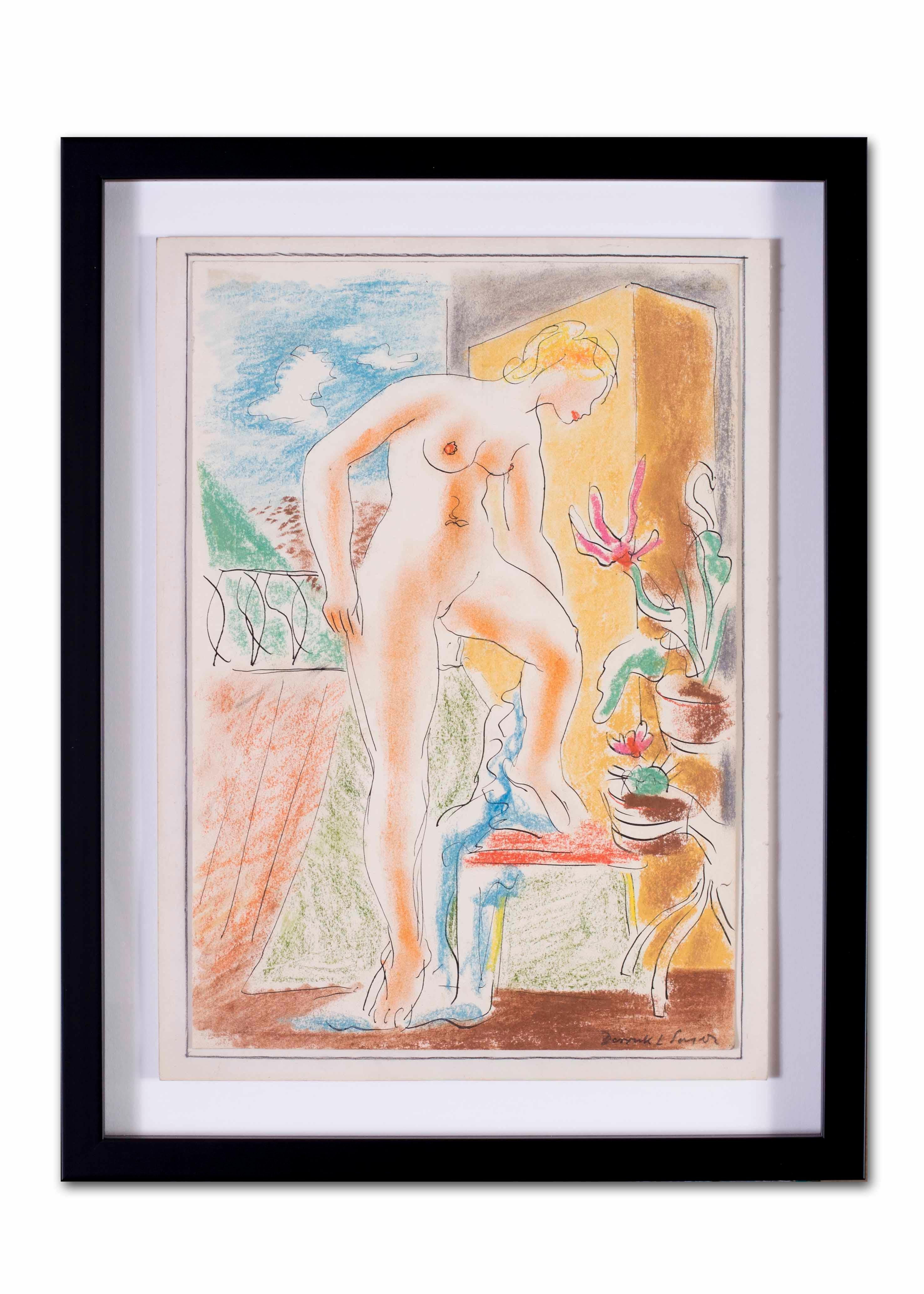 British Mid 20th Century ink and pastel on paper drawing of a bather, nude 1