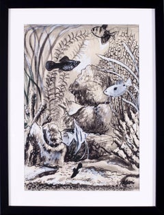 Mid 20th Century ink on paper drawing of fish under the sea by Latimer Sayer