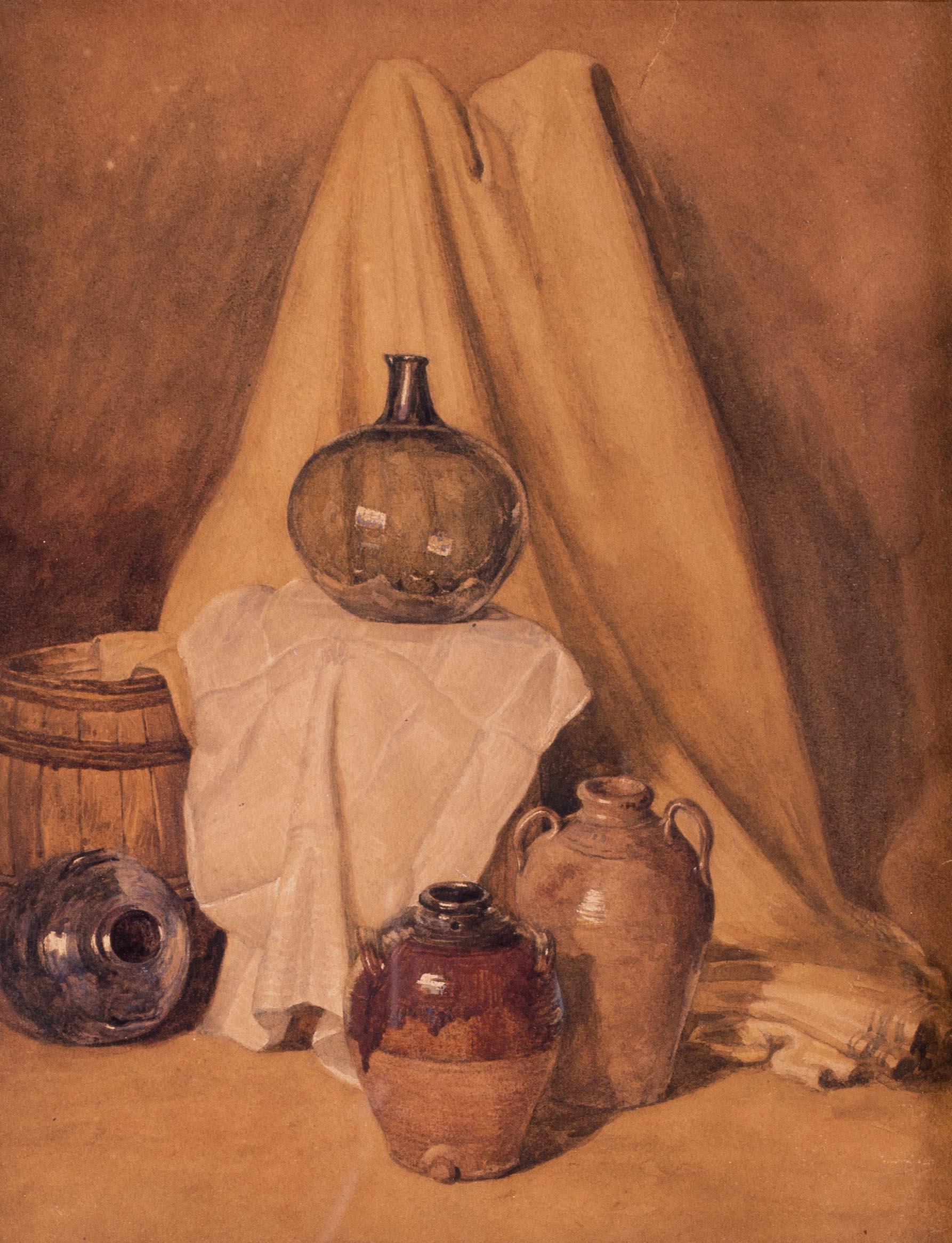 Peter de Wint (British, 1784-1849)
Earthenware vessels and barrels
Watercolour on paper
15.1/2 x 12.3/8 in. (39.3 x 31.5 cm.)

The son of a Dutch-American father and Scottish mother, Peter De Wint drew on the British landscape for his subject