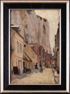 19th Century Oil painting of a street in the White Town, Le Tréport, France