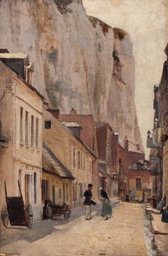 19th Century Oil painting of a street in the White Town, Le Tréport, France