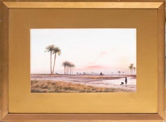 British 19th Century watercolour, 'Collecting water at dusk before the Pyramids