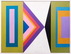 A large 1970s British Oil on board retro geometric painting