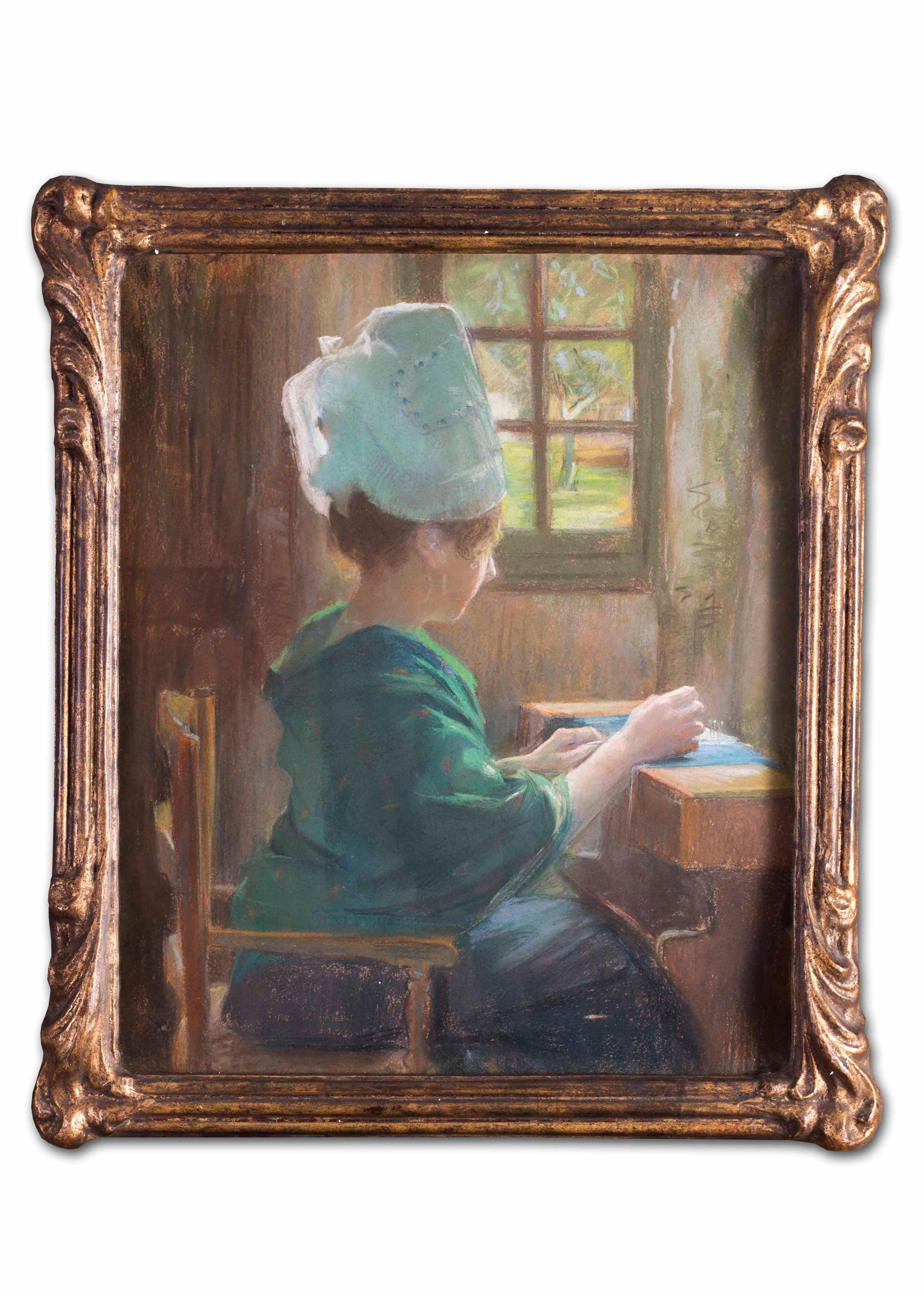Andree-Marie Belin-Delzant  Figurative Art - 19th Century pastel on paper drawing of a lady lacemaking