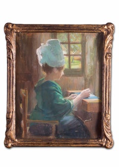 19th Century pastel on paper drawing of a lady lacemaking