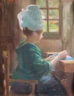 19th Century pastel on paper drawing of a lady lacemaking