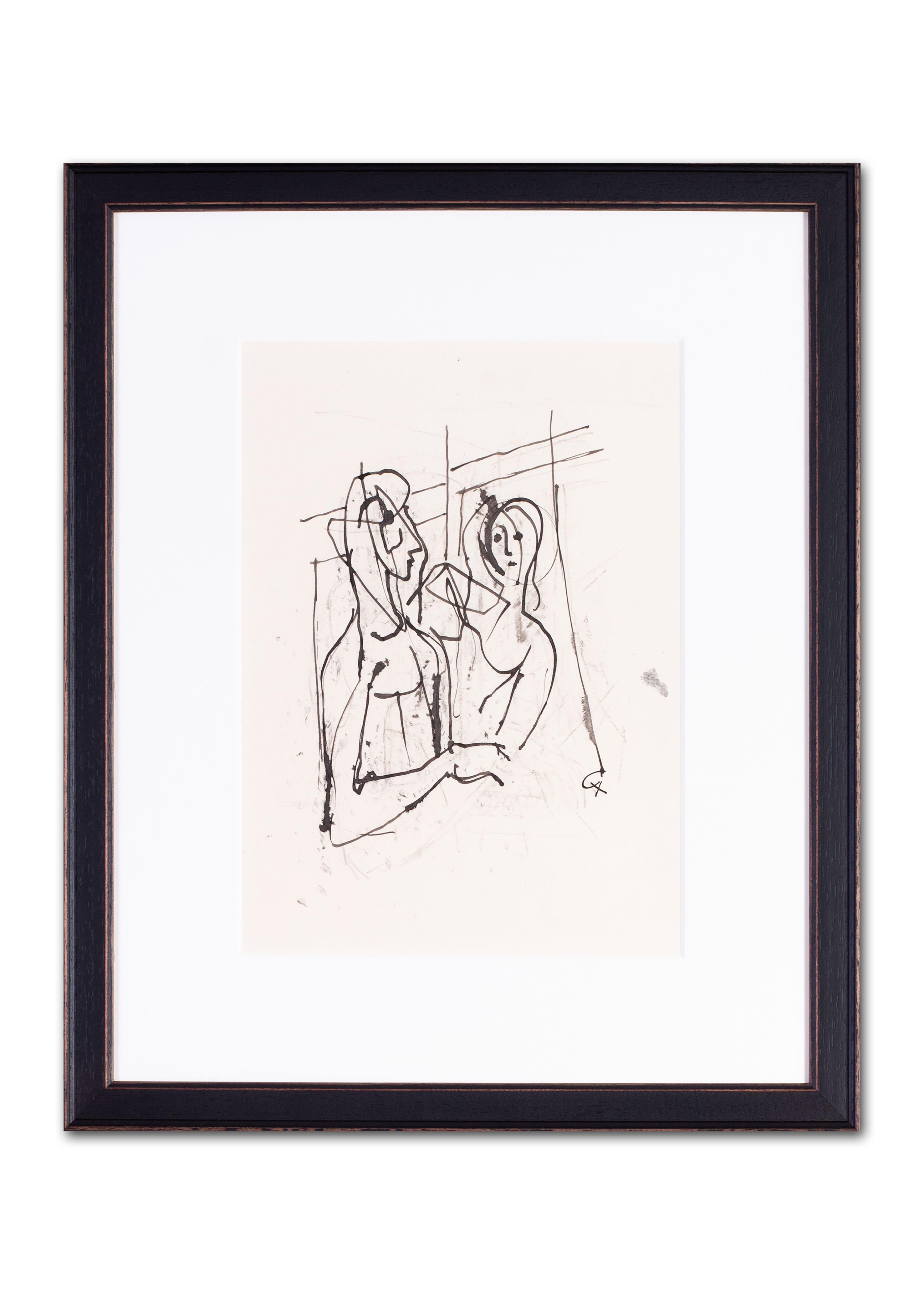German Expressionist drawing by Carl Hofer of lovers For Sale 1
